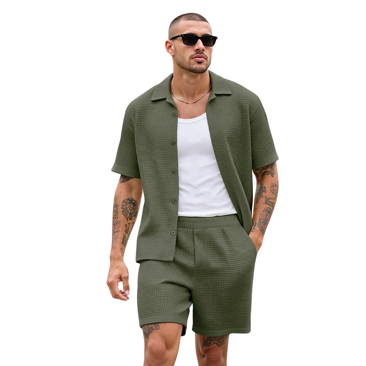 Waffle Zomer Set Heren – Ademend Overhemd + Shorts