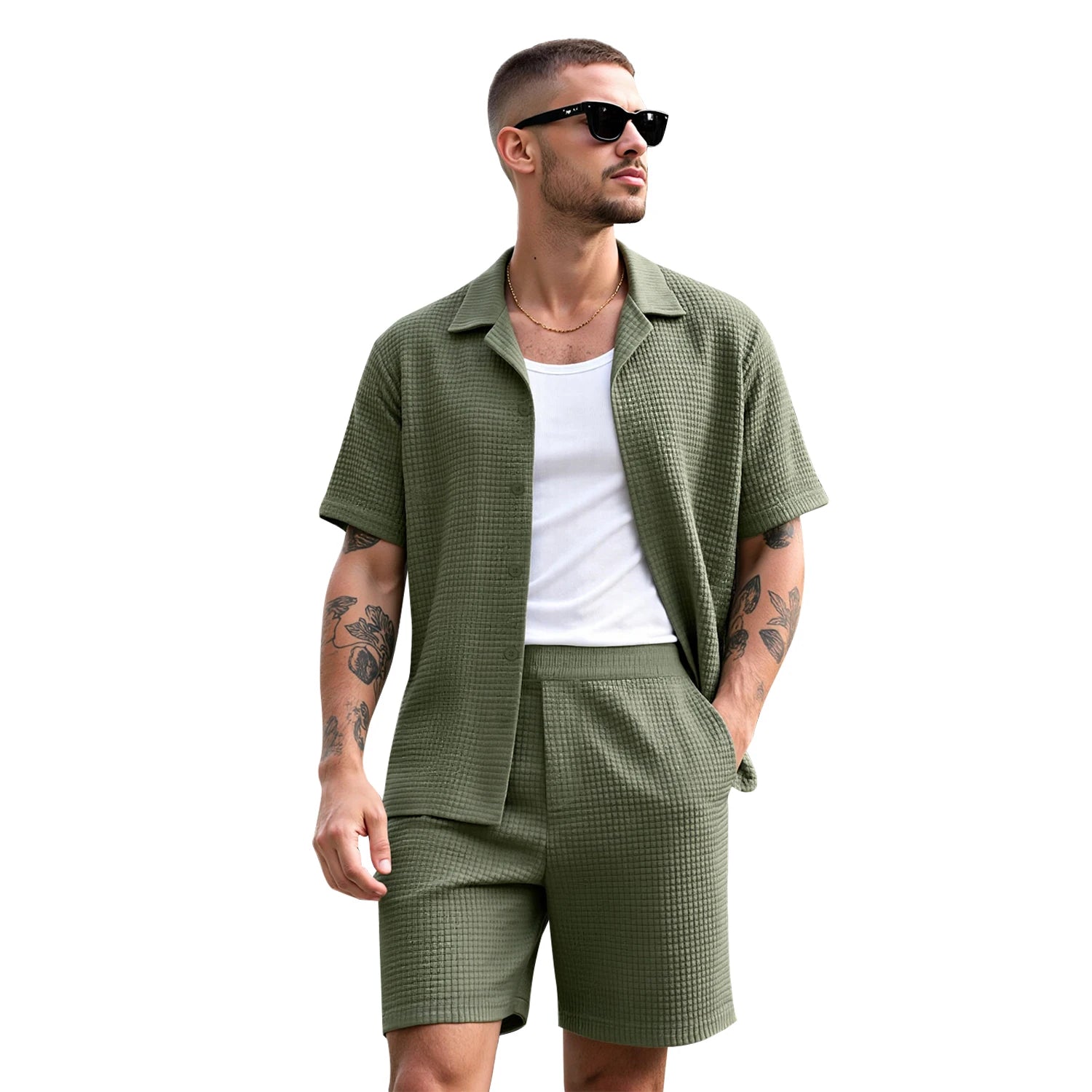 Waffle Zomer Set Heren – Ademend Overhemd + Shorts