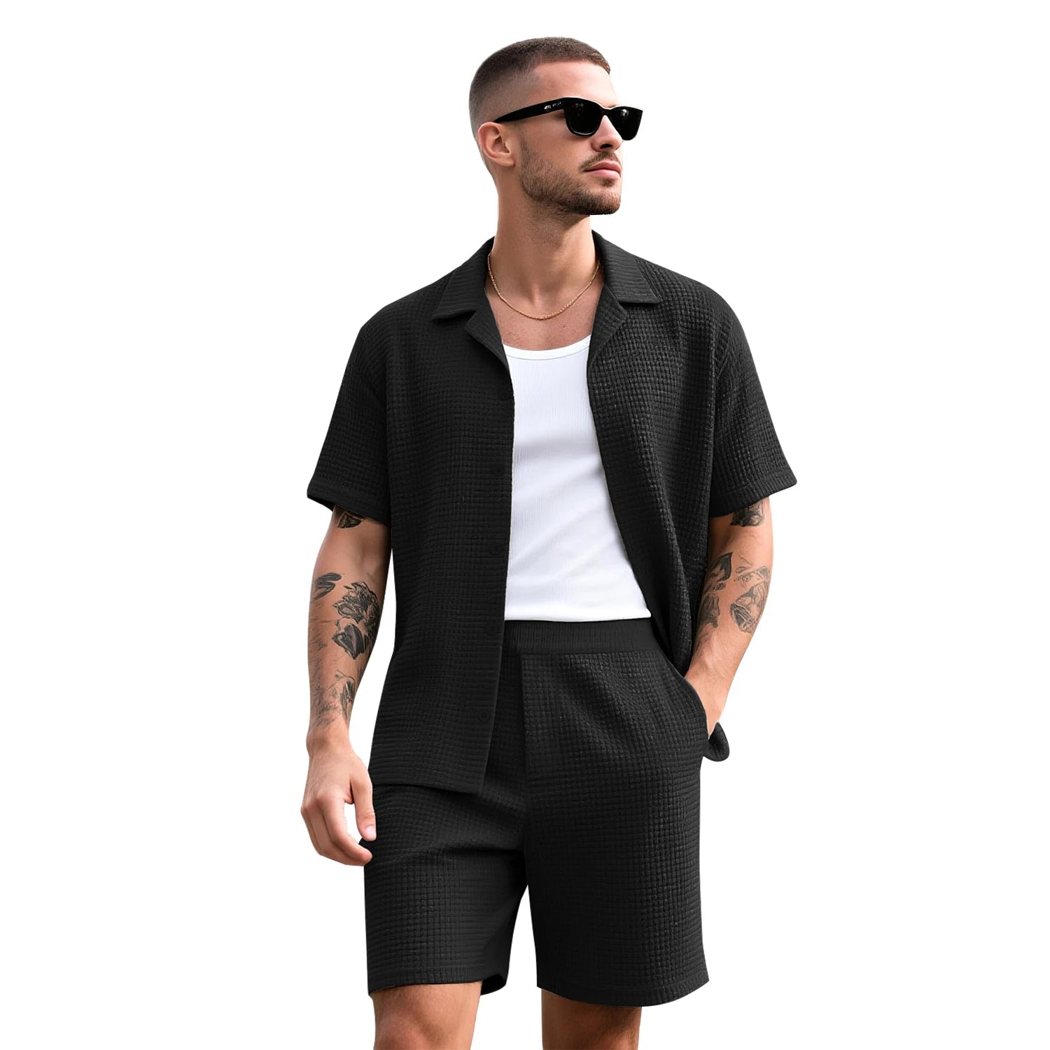 Waffle Zomer Set Heren – Ademend Overhemd + Shorts