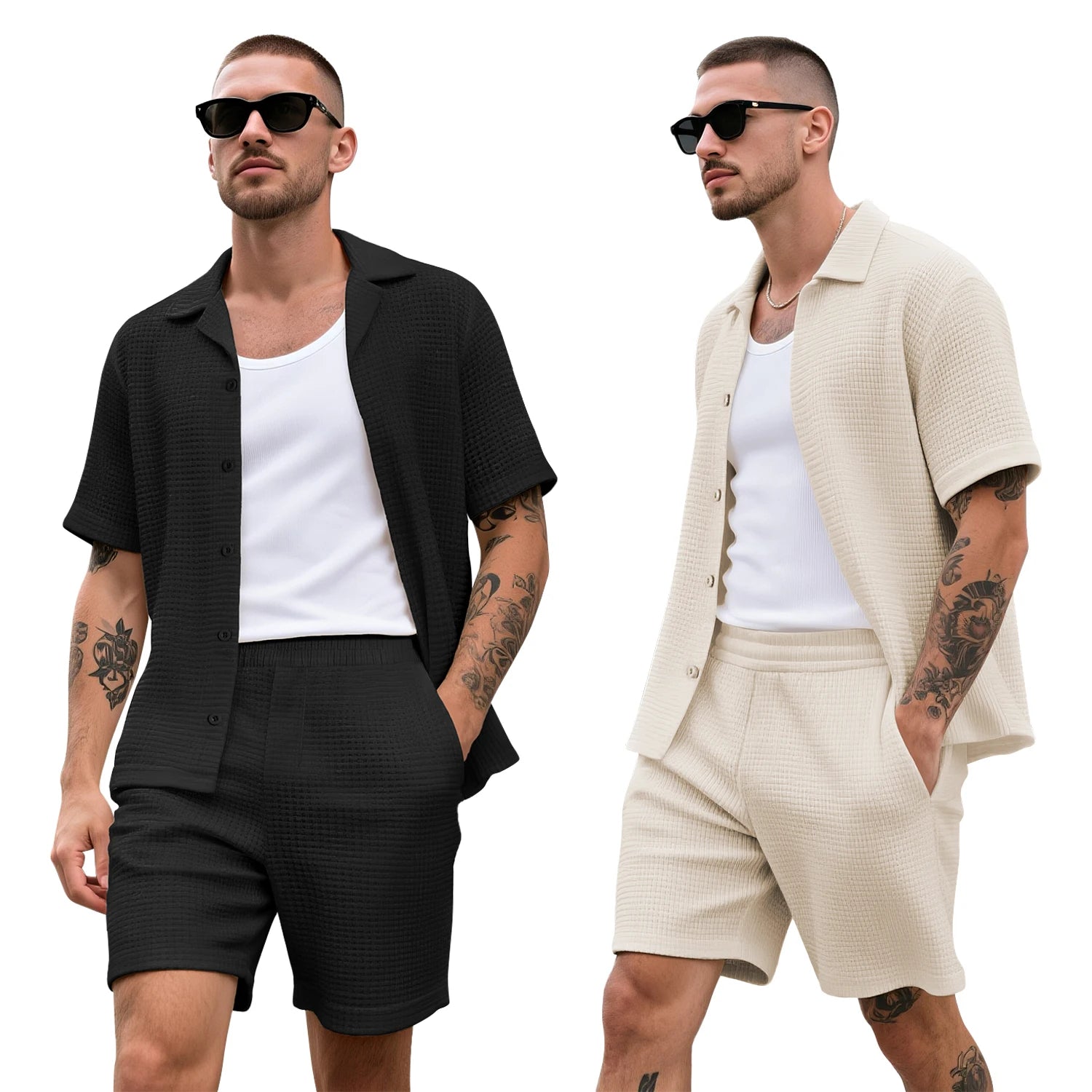Waffle Zomer Set Heren – Ademend Overhemd + Shorts