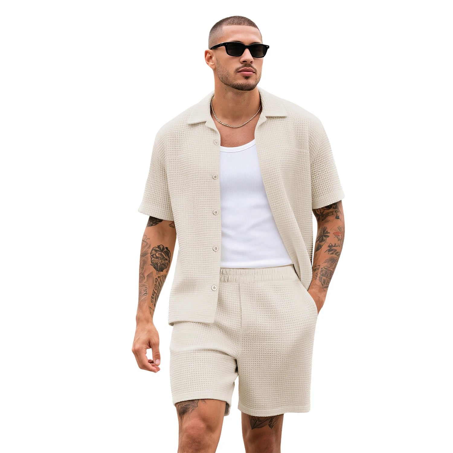 Waffle Zomer Set Heren – Ademend Overhemd + Shorts